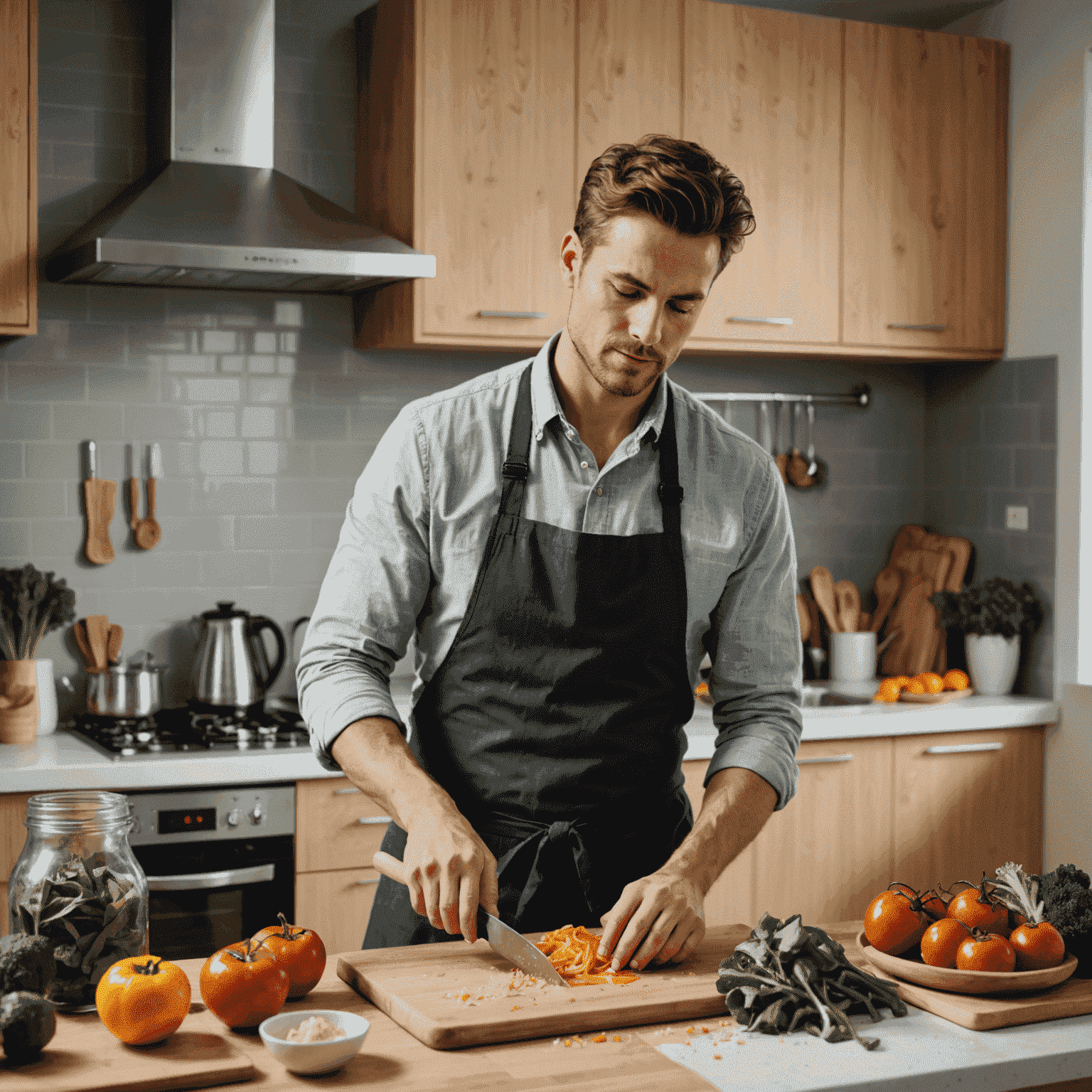 Imagen de una persona ocupada preparando una comida rápida y saludable en una cocina moderna