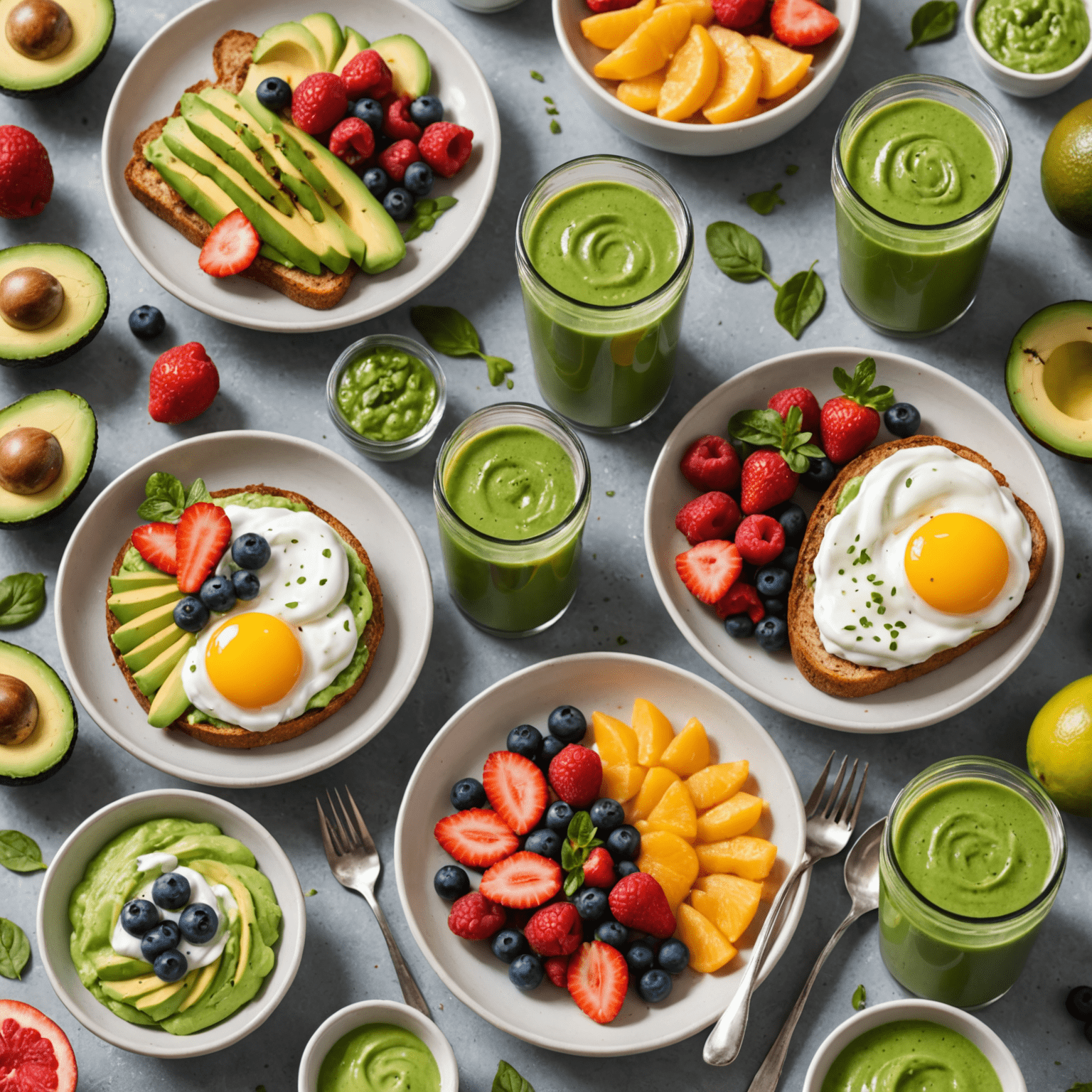 Variedad de opciones de desayuno rápido y saludable, incluyendo yogur con frutas, tostadas con aguacate y batidos verdes