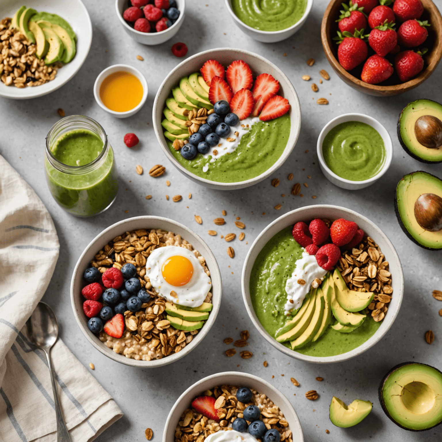 Una variedad de desayunos saludables dispuestos en una mesa: tazón de avena con frutas, tostadas con aguacate, yogur con granola y un batido verde