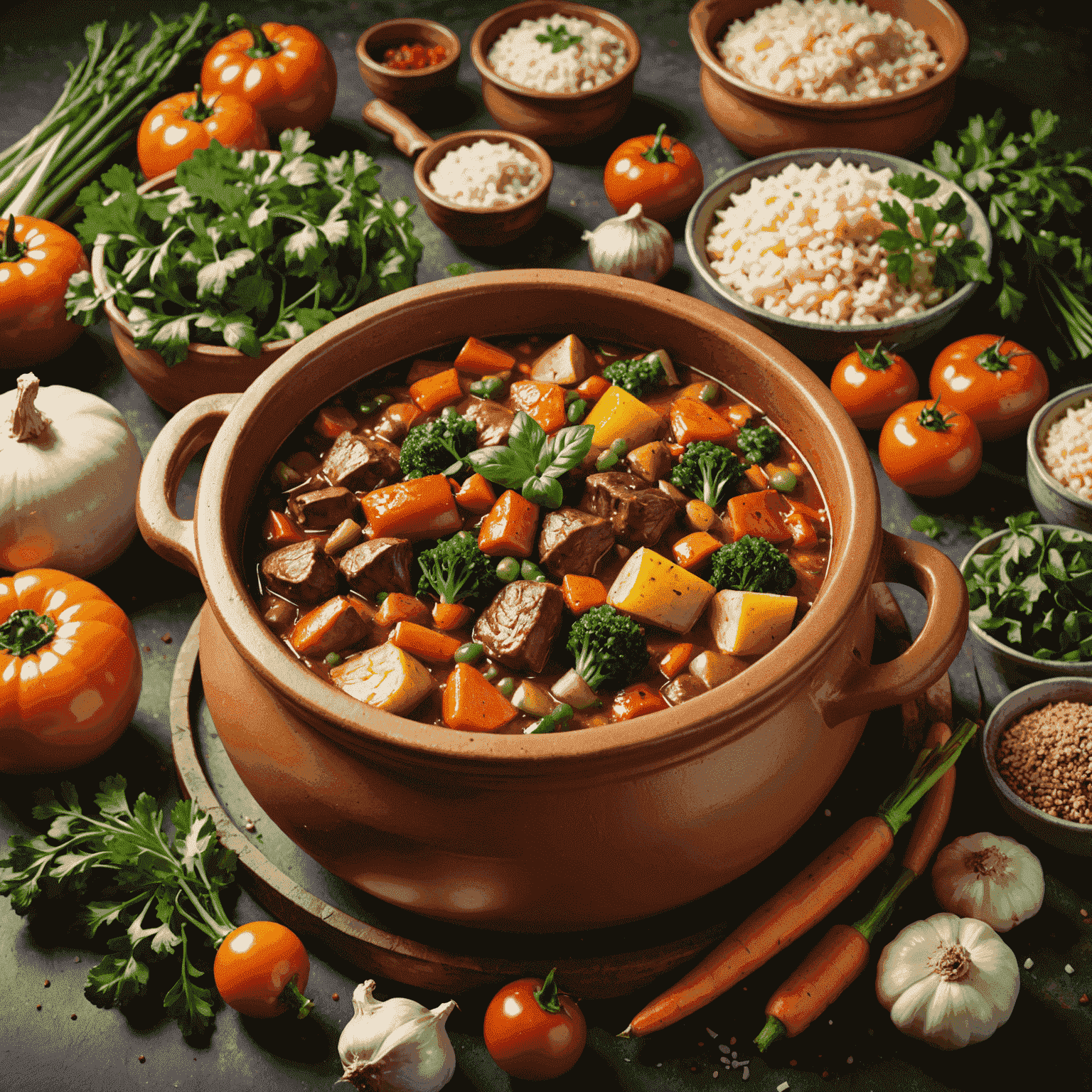 Una olla de barro llena de un guiso colorido y humeante, rodeada de ingredientes frescos como verduras y hierbas