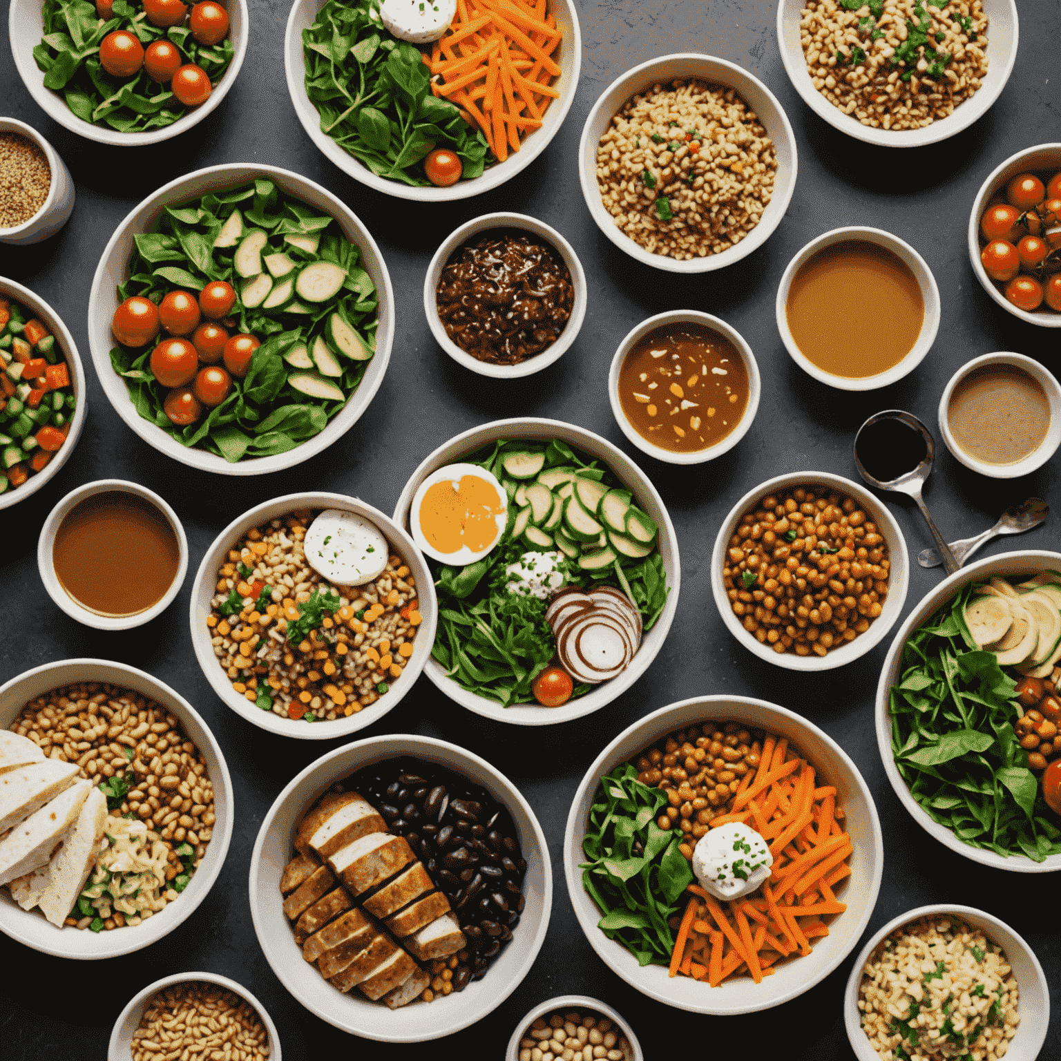 Mesa con varios recipientes llenos de comida preparada para la semana, incluyendo ensaladas, proteínas y granos
