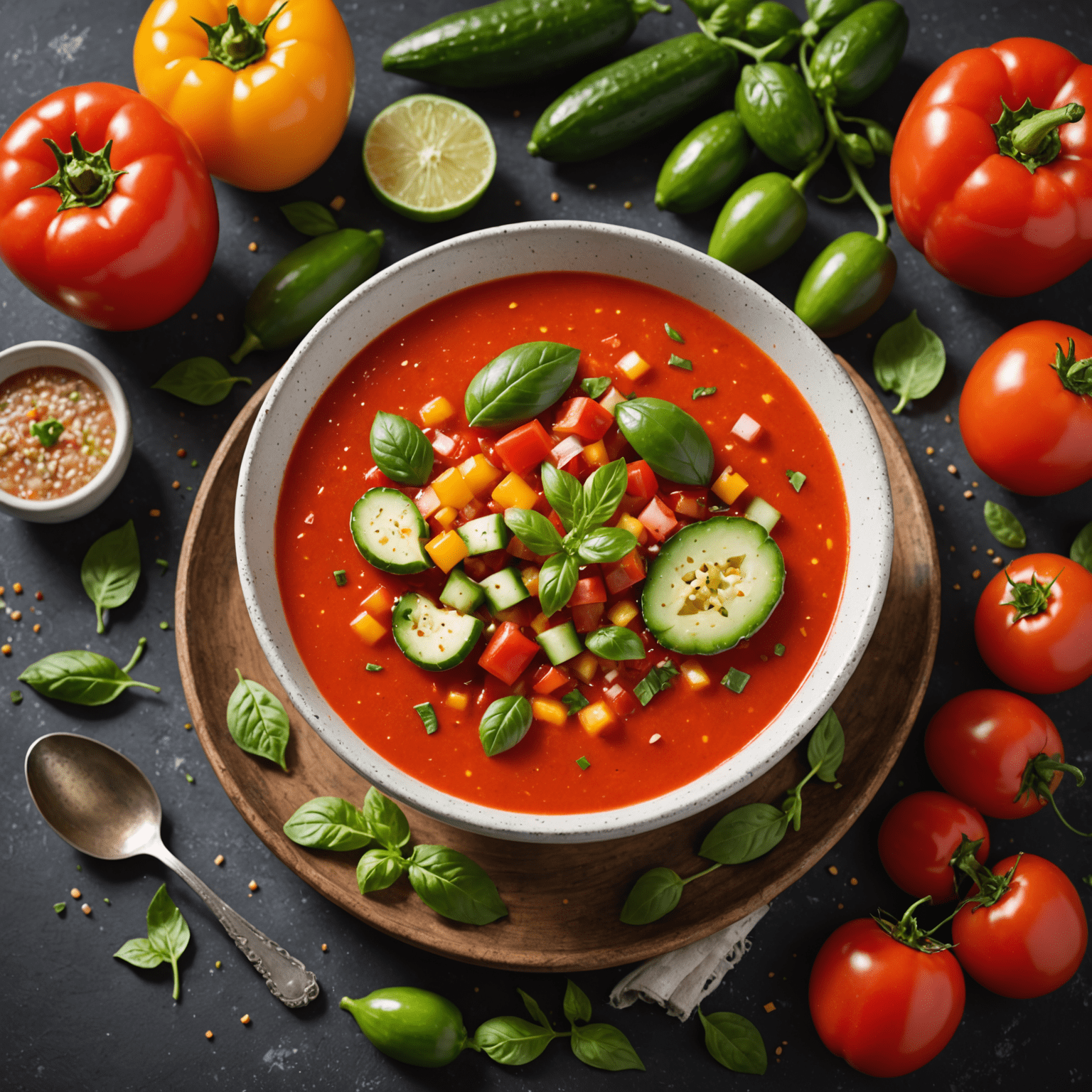 Un tazón de gazpacho fresco y colorido, con tomates rojos maduros, pepino verde y pimiento rojo. Decorado con un chorrito de aceite de oliva y hojas de albahaca.