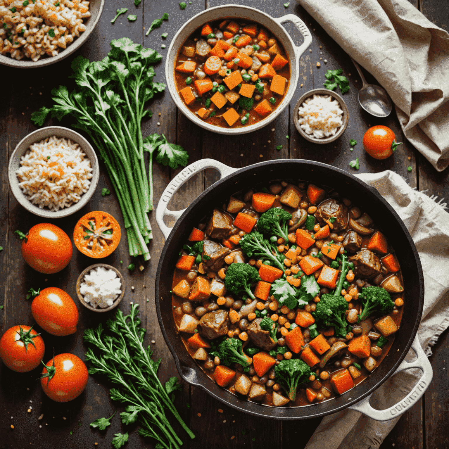 Deliciosa comida preparada en una sola olla, como un guiso colorido con verduras y proteínas