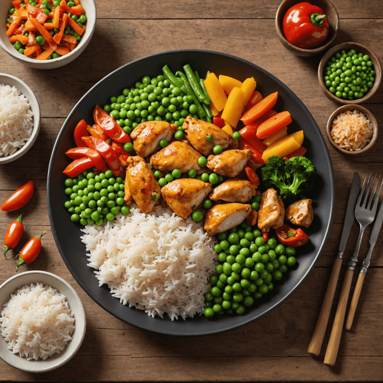 Plato servido de arroz con pollo y verduras, mostrando una mezcla colorida de arroz, trozos de pollo dorado, pimientos rojos, zanahorias y guisantes