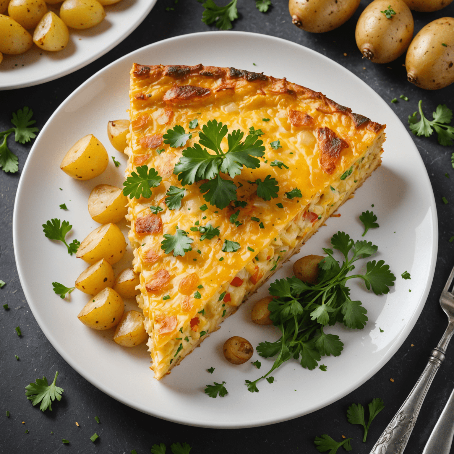 Una porción de tortilla española dorada, con patatas y cebolla visible en su interior, servida en un plato blanco con un toque de perejil fresco.