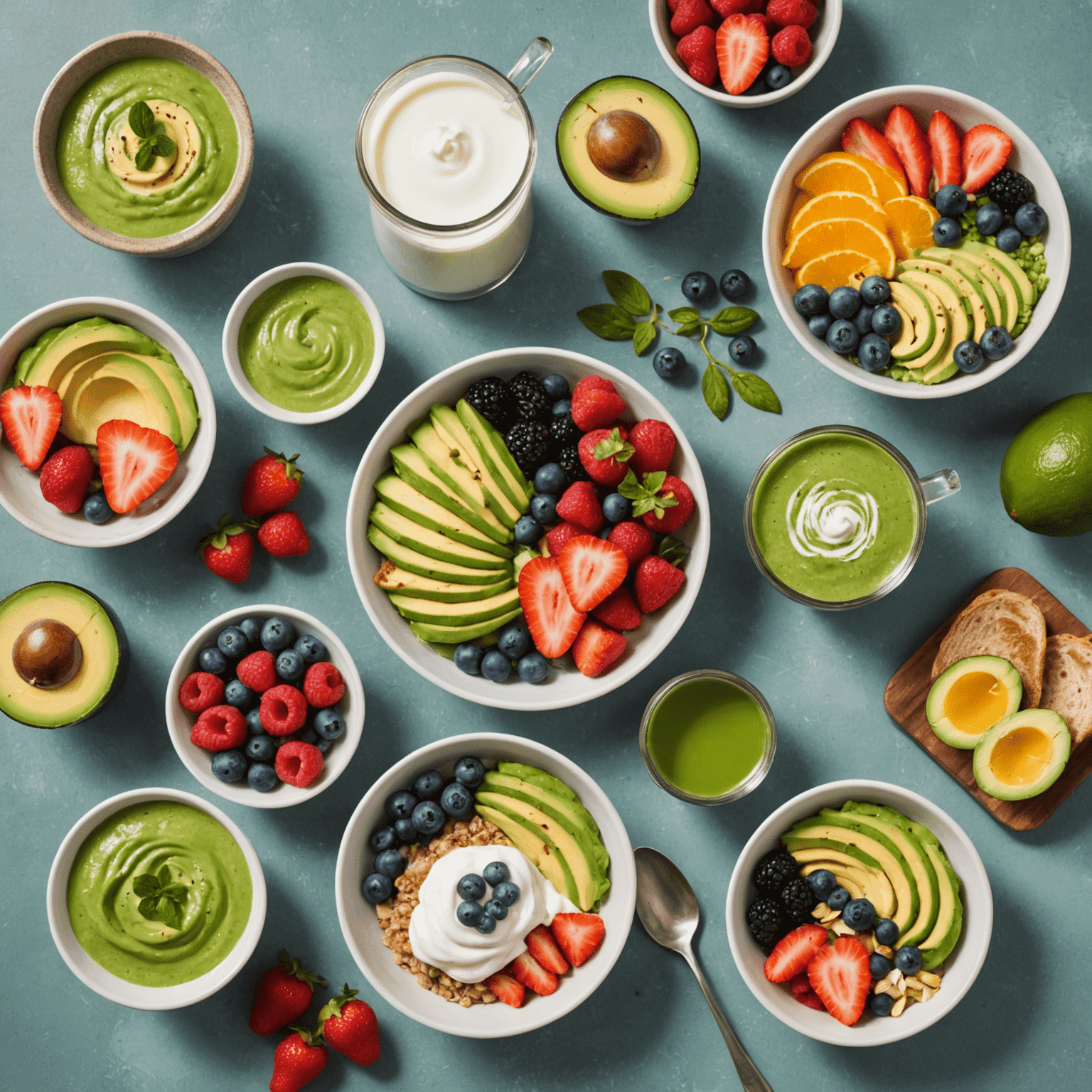 Variedad de opciones de desayuno rápido y saludable, incluyendo yogur con frutas, tostadas con aguacate y batidos verdes