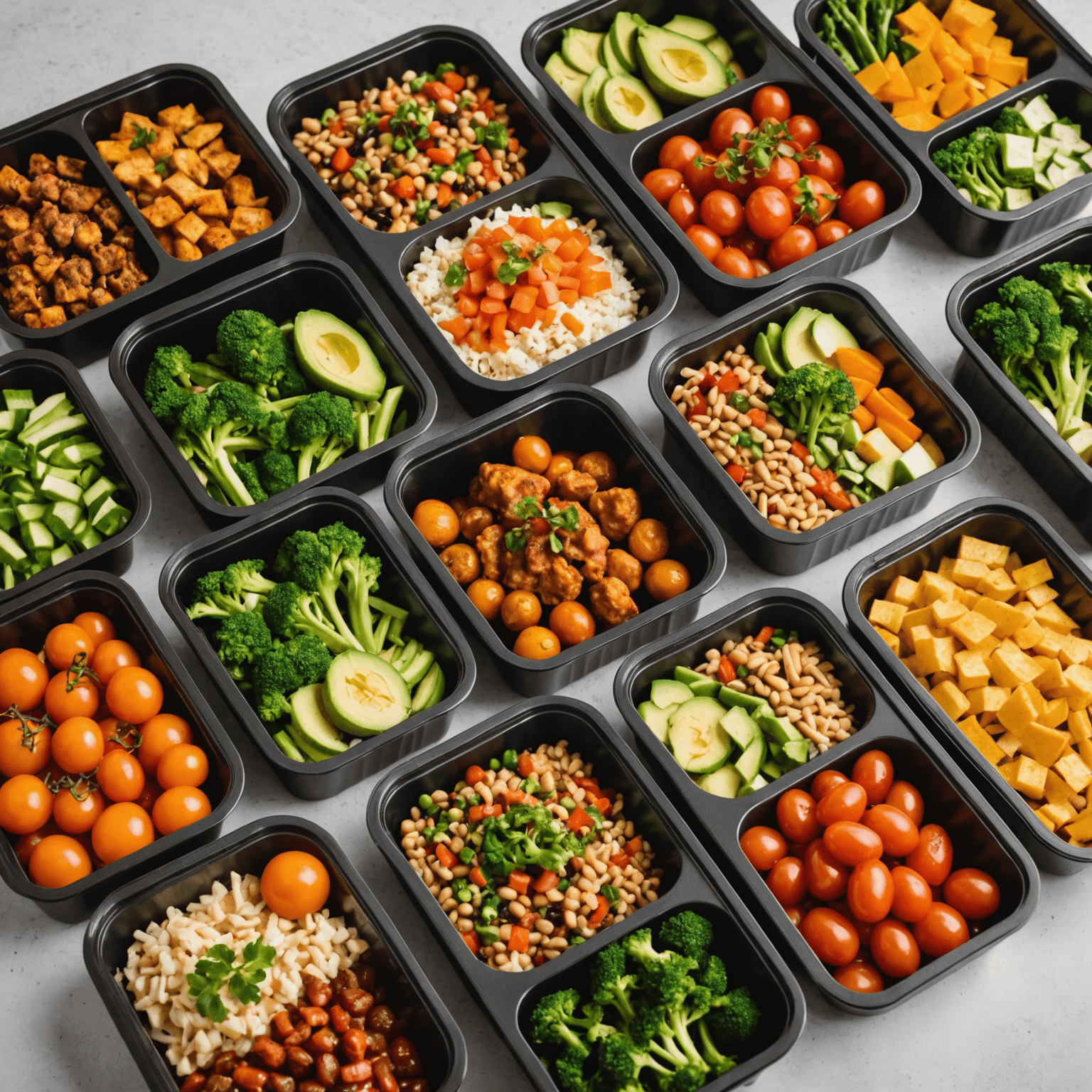 Contenedores organizados con comidas preparadas para la semana, mostrando una variedad de alimentos saludables