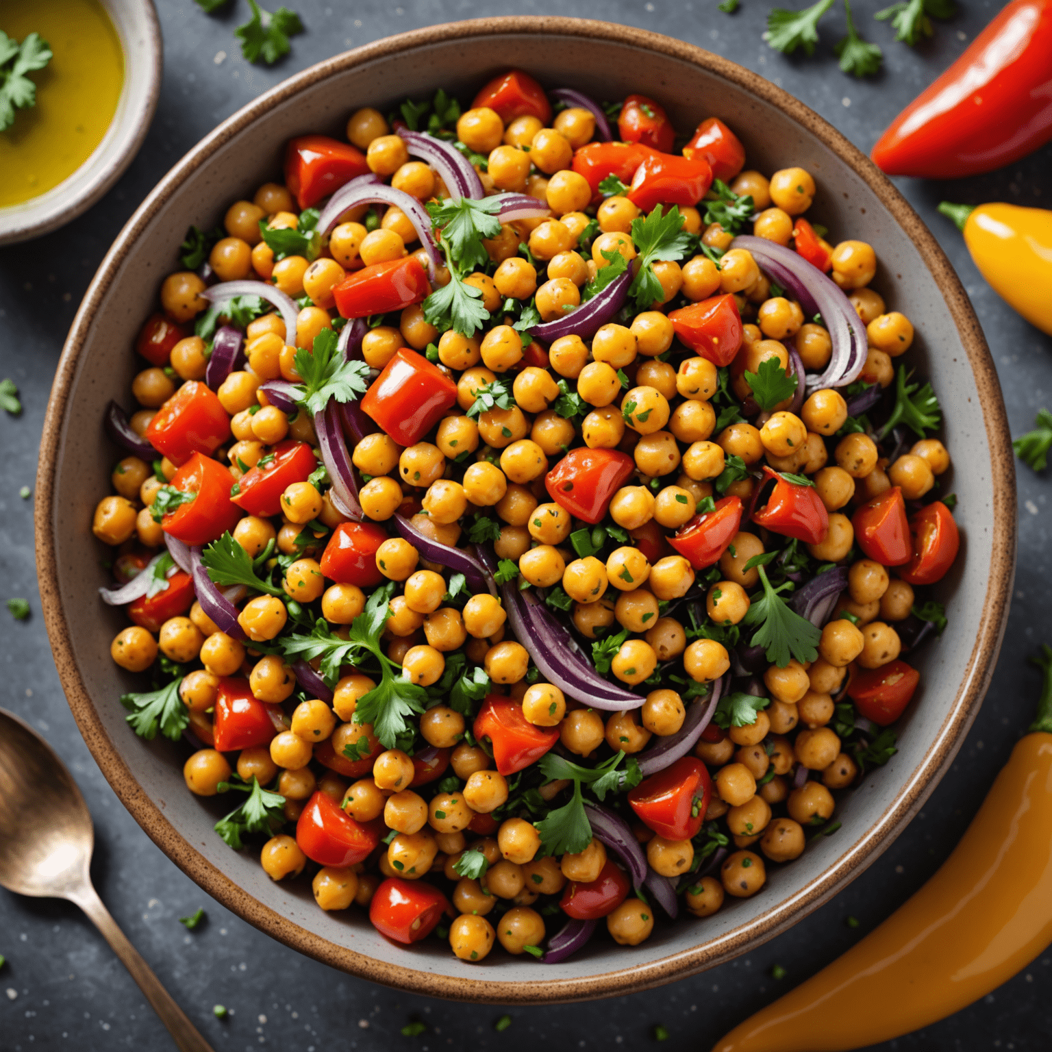 Una colorida ensalada de garbanzos con pimientos rojos y amarillos asados, cebolla roja, y perejil fresco, aderezada con aceite de oliva en un bowl de cerámica.