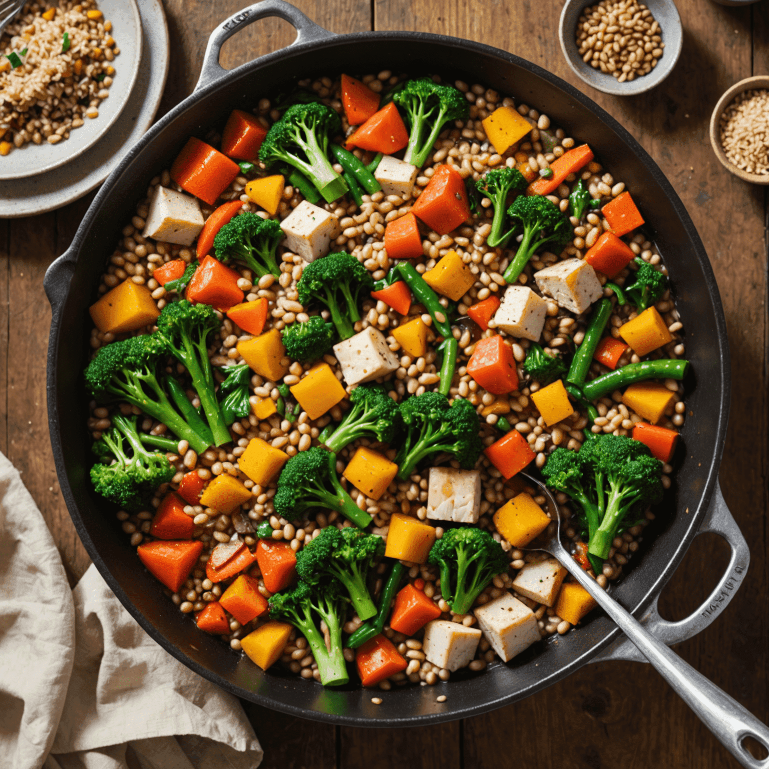 Plato de comida preparado en una sola olla, mostrando una mezcla colorida de verduras, proteínas y granos