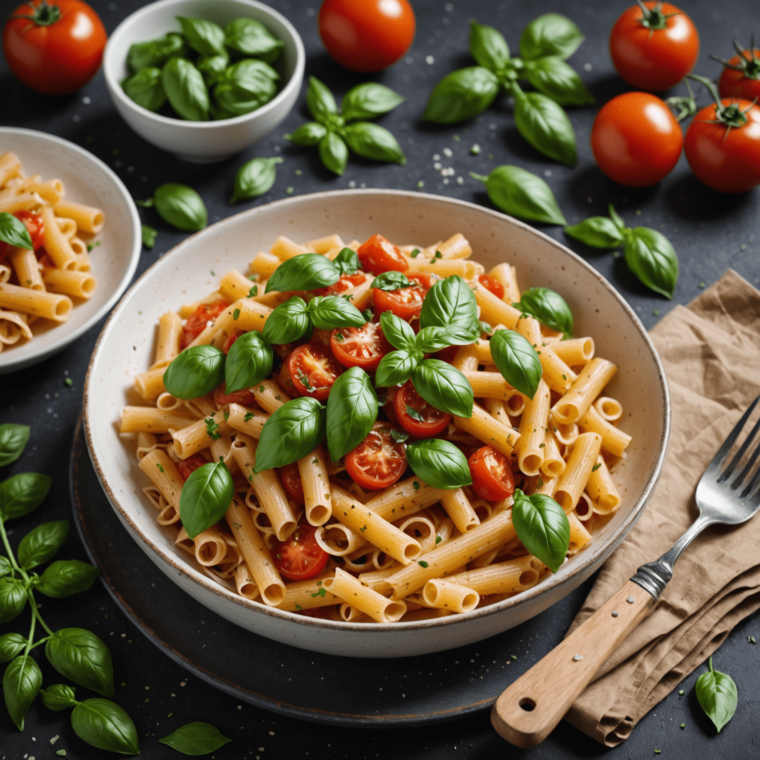 Plato simple pero apetitoso hecho con solo cinco ingredientes, como pasta con tomate y albahaca