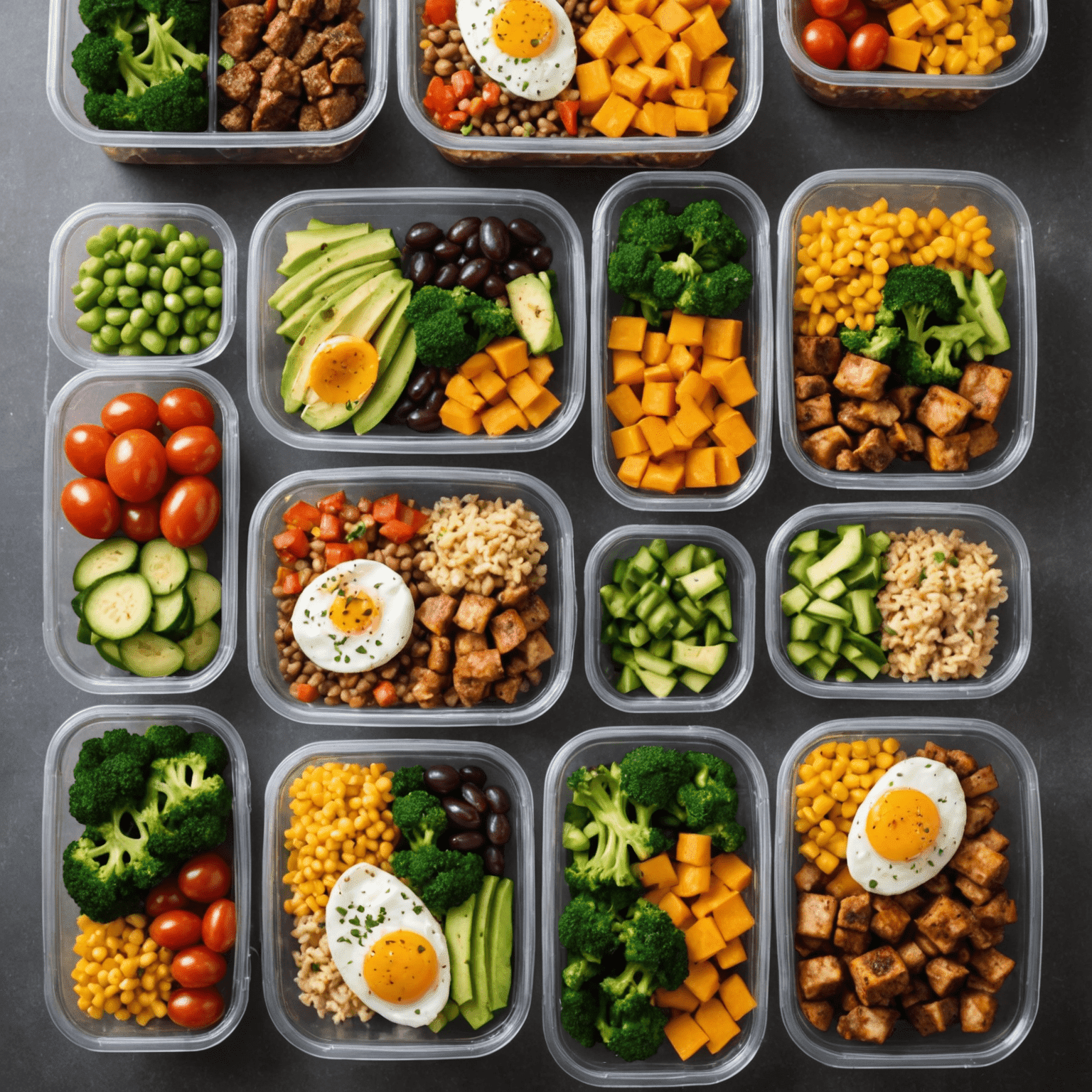 Varios recipientes con comidas preparadas para la semana, mostrando una variedad de opciones saludables y coloridas