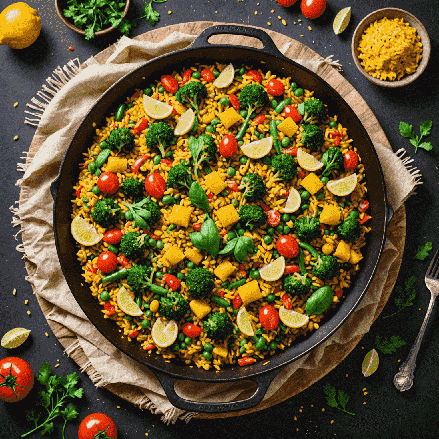 Colorida paella vegetariana llena de verduras y arroz, representando una versión saludable de un plato español clásico